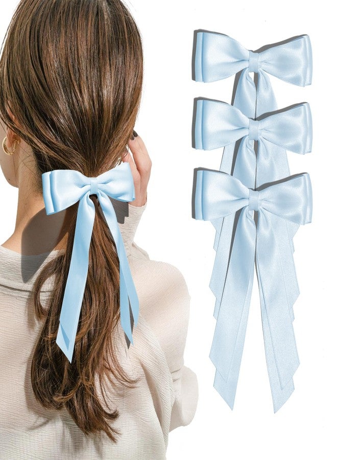 TULOBI Baby Blue Hair Bows for Women 3PCS Soft Silky Satin Bow Hair Clips with Metal Clips Long Tail Hair Ribbon Ponytail Holder Wedding Dress Decor Hair Accessories for Girls Teen - Image 1